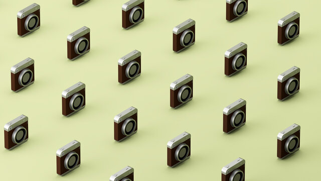 Three dimensional pattern of old-fashioned camera standing in rows against green background