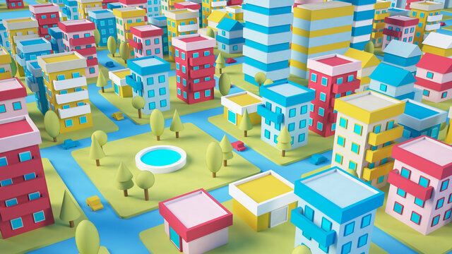 Three dimensional render of diorama of colorful city