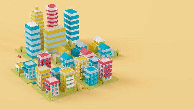 Three dimensional render of diorama of colorful city