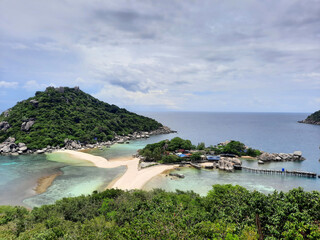 at the most famous viewpoint named Koh Nang Yuan Viewpoint on the tropical small island named...