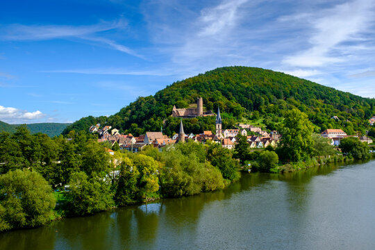 Germany, Bavaria, Gemunden am Main, Town on forested shore of river Main in spring