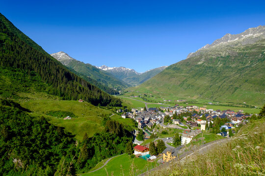 Switzerland, Uri, Andermatt, Village in summer mountain landscape