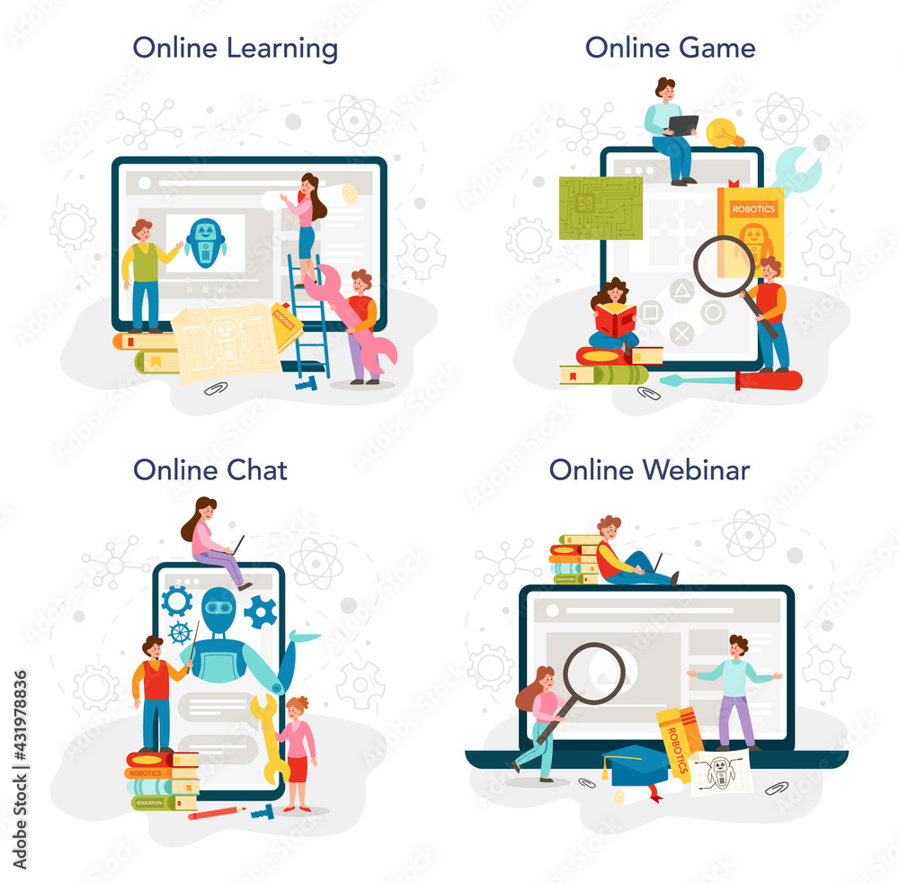 Poster robotics school subject online service or platform set. robot engineering