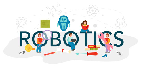 Robotics typographic header. Robot engineering and programming.