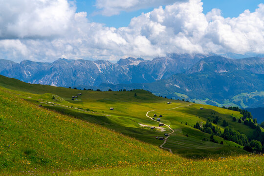Scenic view of Odle mountain range in summer