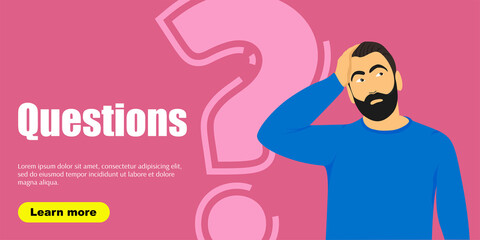 Young doubting man standing near big question symbol on white pink. Flat modern concept vector illustration of people who has questions so needs qualified help, support or consultation