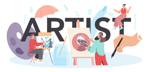 Artist typographic header. Professional illustrator in front of big easel
