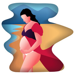 illustration of a pregnant woman walking on the beach