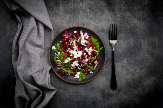 Studio shot of plate of vegetarian salad with lentils, arugula, feta cheese, radicchio and bell pepper