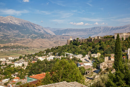 Town against blue sky at Mali I Gjere, Gjirokaster, Albania