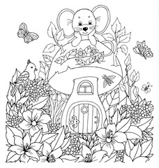 Illustration. Funny mouse on the mushroom house among flower fields. Coloring book. Antistress for adults and children. The work was done in manual mode. Black and white.