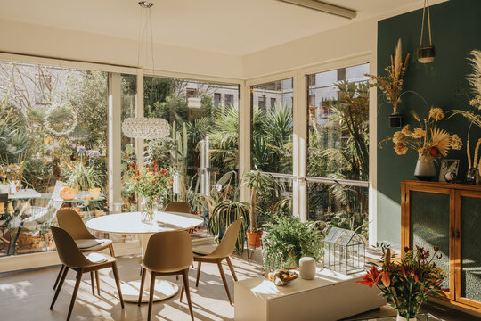 Dining room with flowers and plants at home