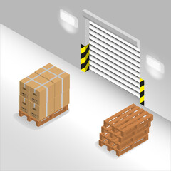 A set of boxes stands on a pallet near the gate.