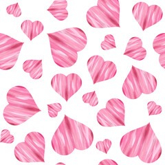 Pink hearts with abstract texture stripes on a white background. Seamless pattern. Watercolor illustration. Love, Valentine's Day. For printing on fabric, gift wrapping design