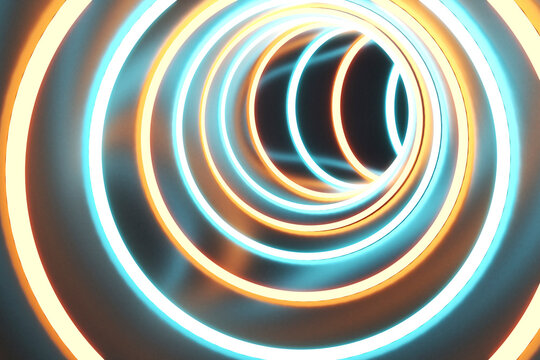 Illuminated blue and yellow circle in neon lighting