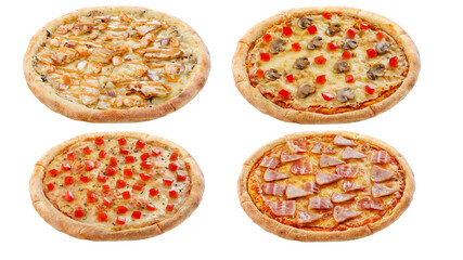 Set of four pizzas isolated on white background. Italian food concept. Appetizing pizza.
