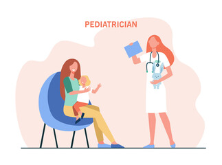 Mother with child at pediatrician office. Cartoon woman with girl, female doctor holding bunny flat vector illustration. Pediatrician, healthcare concept for banner, website design or landing web page