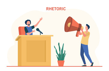 Rhetoric specialist giving advice to man. Cartoon teacher at tribune, person with huge speaker flat vector illustration. Rhetoric, public speech concept for banner, website design or landing web page