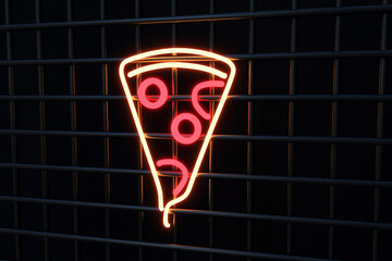 Illuminated pizza sign on black metal grate