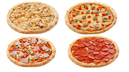 Set of four pizzas isolated on white background. Italian food concept. Appetizing pizza.