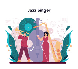 Fototapeta premium Jazz singer concept. Performer singing with microphone on stage.
