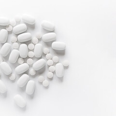 White pills on a white background. Oblong and round pills close-up. Healthcare and medicine.