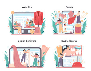 Tailor online service or platform set. Fashion designer sewing