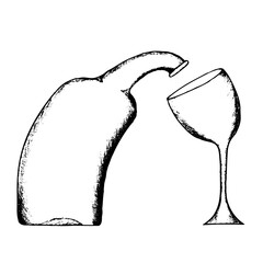 A bottle of wine and a glass lean towards each other. Sketch. Hand Drawn. Doodle style.