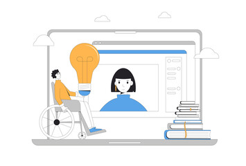 Home schooling. Online personal education for teenagers. Digital inclusion learning. Video course. Vector concept illustration.