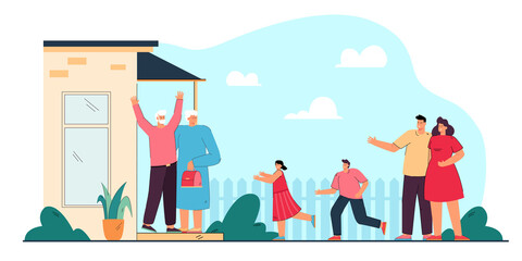Young parents bringing children to grandparents. Flat vector illustration. Happy grandparents standing on porch, welcoming grandson and granddaughter running towards. Family, meeting, holiday concept