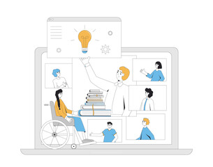 Online education. Digital learning. People talking to each about science. Teacher and students. Internet webinar or online video training. Seminar.