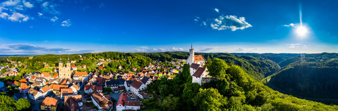 Germany, Bavaria, Gossweinstein, Aerial view of urban landscape with castle and church