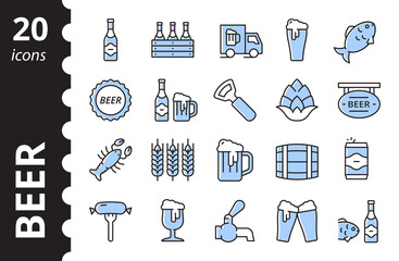 Beer and snack Icons Set. Brewing. Collection vector colored linear symbols.