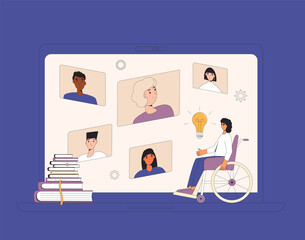 Online education. Digital learning. People talking to each about science. Teacher and students. Internet webinar or online video training. Seminar.