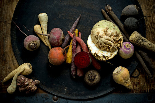 Winter vegetables on rustic metal background