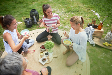 Smiling female friends having food while sitting on meadow