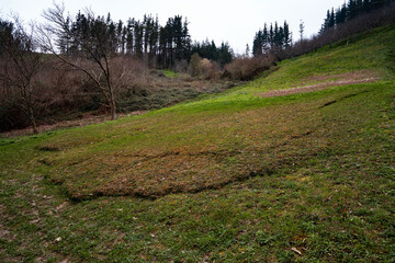 Landslide. Sliding of a meadow due to excess water.