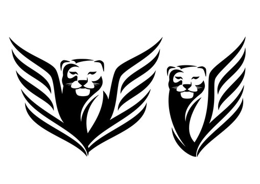 mythical winged lioness or puma black and white vector outline portrait - animal head and bird wings simple monochrome design set