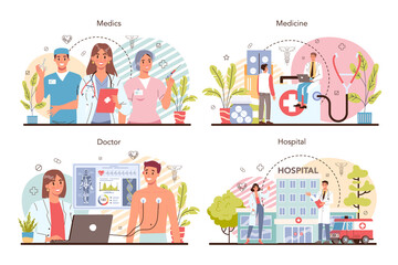 Medicine concept set. Medical specialist in the uniform. Healthcare, modern
