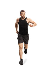 Full length portrait of a fit young man with a smartwatch running towards camera - obrazy, fototapety, plakaty
