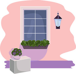 Elements of architecture , window frame  outside the house. Cartoon old european town. Window with flower pots on a wall. Vector illustration