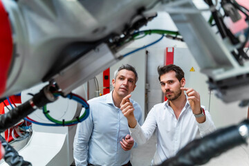 Young male engineer discussing over robotic machinery with colleague in industry
