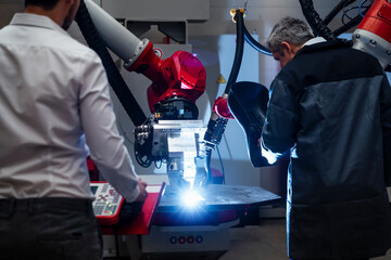 Male welder examining robotics while standing by young engineer working in factory