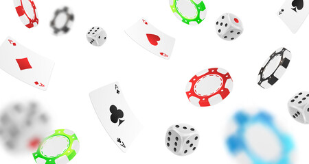 Banner with falling red, green, blue, black poker chips, tokens, silver dices, playing cards on white background. Vector illustration for casino, game design, advertising.