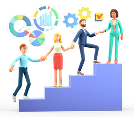 3D illustration of business team working together for success and growing. Multicultural cartoon characters helping to each other and giving a support.  Corporate partnership and cooperation.