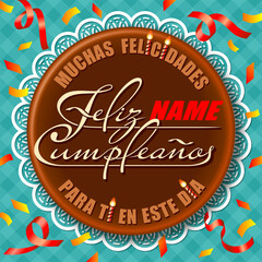 Congratulations concept with Happy Birthday calligraphy lettering in Spanish - Felicidades Feliz Cumpleanos - creative greeting card with handwritten font text on chocolate circle cake top background