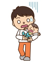 泣く赤ちゃんと焦るパパ