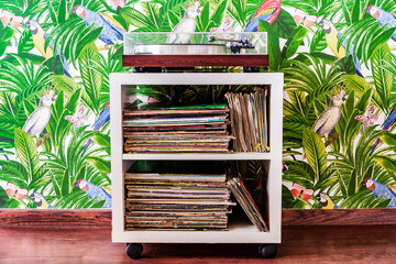 Record player and collection of records against wallpaper in jungle and parrots pattern