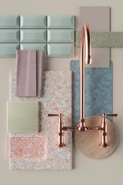 Three dimensional render of faucet and various interior design material samples