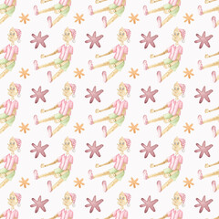 Pinocchio wooden doll watercolor seamless pattern. Great for printing, web, textile design, souvenirs, scrapbooking and other creative ideas.